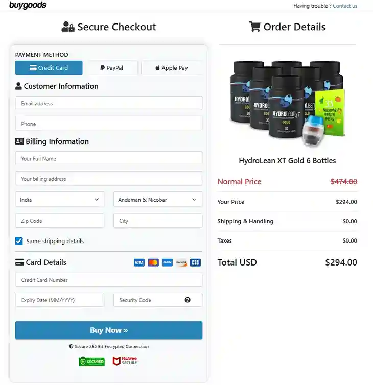 HydroLean XT Gold Order Page